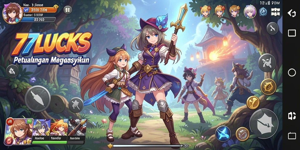 Tampilan gameplay seru dalam 77LUCKS dengan karakter anime menawan.
