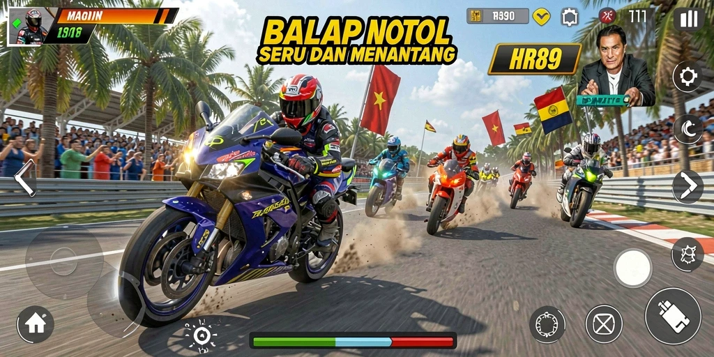 Screenshot menampilkan aksi balapan motor yang mendebarkan.