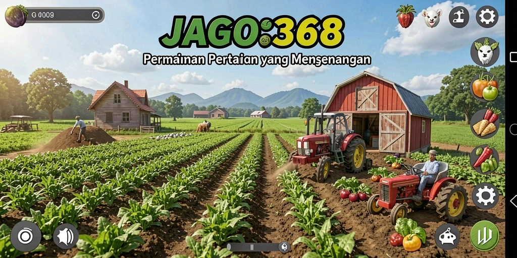 Tangkapan layar gameplay menunjukkan ladang pertanian yang subur dan interaksi teman.