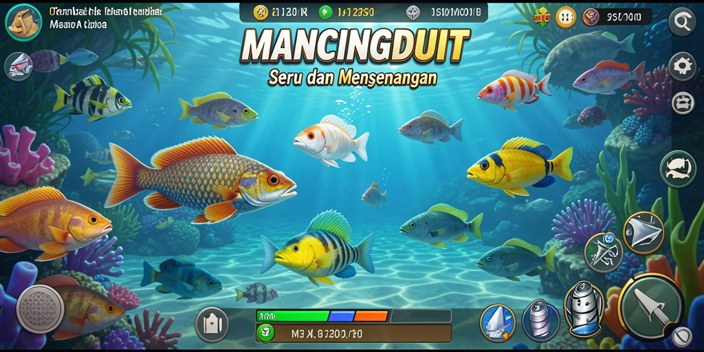 Screenshot gameplay MANCINGDUIT menunjukkan aksi menangkap ikan yang seru.