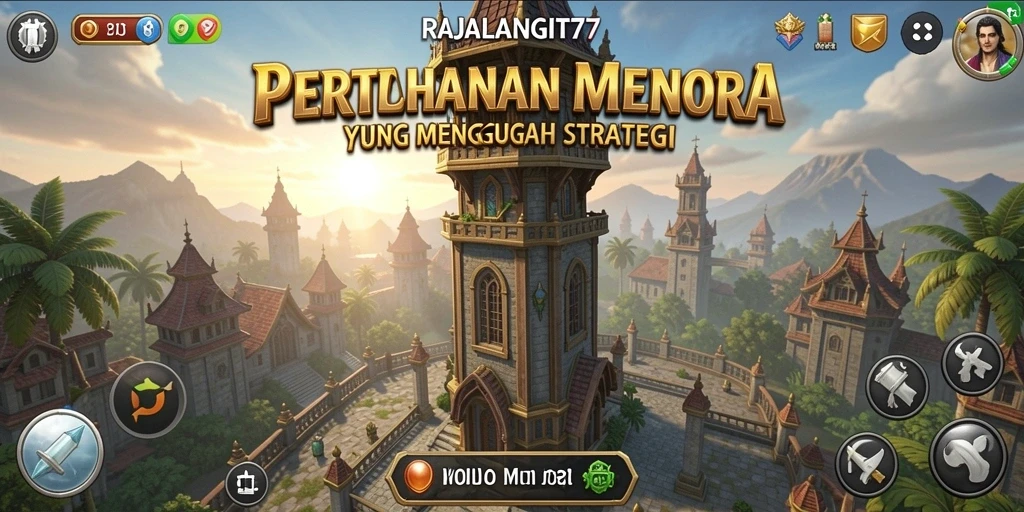 Screenshot menunjukkan aksi menegangkan di RAJALANGIT77 dalam pertahanan menara.