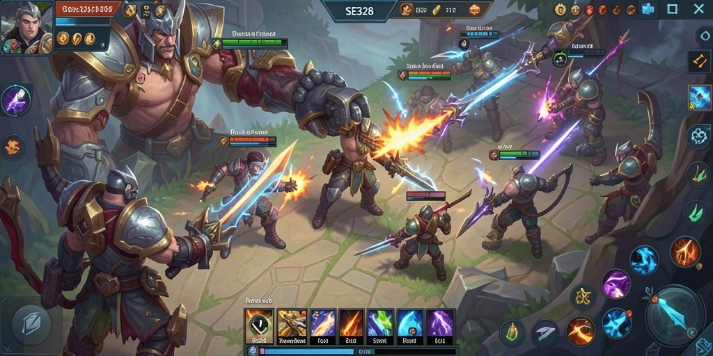 Tangkapan layar gameplay SM328 yang menunjukkan pertempuran epik di arena.