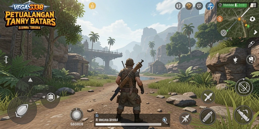 Tangkapan layar gameplay <strong>VEGAS338</strong> menunjukkan eksplorasi dunia yang luas.
